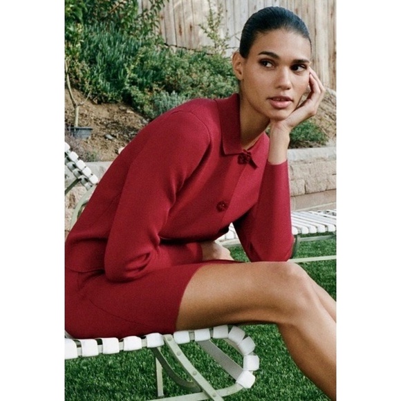 ZARA Floral Button Knit Jacket Blazer Solid Red Knitwear Pockets Knitwear Large - Picture 1 of 16